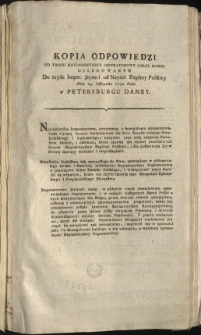 Kopia odpowiedzi od Tronu Nayiasnieyszey Imperatorowy Całey Rossyi delegowanym do teyże Imper: Jeymci od Nayiaś: Rzpltey Polskiey Dnia 14. Listopada 1792. Roku w Petersburgu daney [Inc.:] Nayiaśnieysza Imperatorowa, przyimuiąc z szczegulnym ukontentowaniem... [Expl.:] ...każdego z Jey członkow, o wysokiey uprzeymości Nayiaśnieyszey Imperatorowy