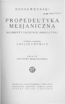 Propedeutyka mesjaniczna. Elementy filozofji absolutnej