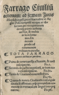 Farrago civilium actionum ad formam Juris Maydeburgensis pro consuetudine in Regno Polo[niae] iampride[m] recepta ac observata per recognitionem denique prioris authoris auctior et [...] limatior [...] Tota farrago quatuor absolvitur partibus
