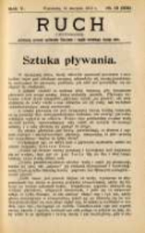Ruch: dwutygodnik poświęcony sprawom wychowania fizycznego i w og&oacute;le normalnego rozwoju ciała 1910.08.11 R.5 No.15=105