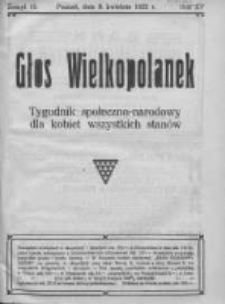 Głos Wielkopolanek: tygodnik społeczno-narodowy dla kobiet wszystkich stanów 1922.04.09 R.15 Z.15