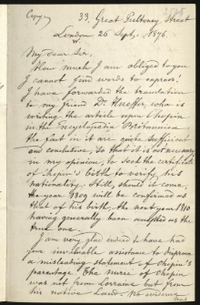 List do Karola Szulczewskiego od Hipkins A. J. w sprawie narodowości Chopina