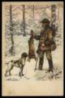 Myśliwy i pies z upolowanym zającem