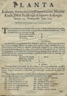 Planta loteryi, stwierdzoney przywileiem [...] krola [...] polskiego elektora saskiego, danym 14 Pazdziernika roku 1755