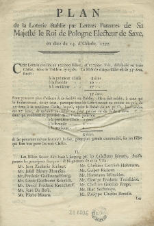 Plan de la loterie établie par lettres patentes de Sa Majesté le Roi de Pologne [August III] [...] en date du 14 d'Octobr. 1755