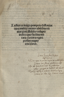 Iustini Ex Trogo Pompeio historiae cum multis memorabilibus in margine. Addito insuper indice: quo facilius notatu clariora reperiri possint: nuper emendatae