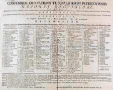 Compendium ordinationis Tribunalis Regni Petricoviensis Najoris Provinciae] sub auspiciis [...] Josephi Glaubicz Rokossowski Canonici Metropolitani Gnesnensis, Archi-Diaconi Sremensis, Vicarii in Spiritualibus, [et] Officialis Generalis Posnaniensis, Tribunalis Regni praesidentis, J. M. Joannis Nepomuceni Nałęcz Małachowski Capitanei Opocnensis, Cavaleriae Nationalis Rothmagistri, Ordinis S. Stanislai Equitis, ex Palatinatu Cracoviensi Judicis Deputati, Tribunalis Regni mareschalci. Ex originali Ordinatione Die 1 Mensis Septembris, Anno 1786. promulgata depromptum