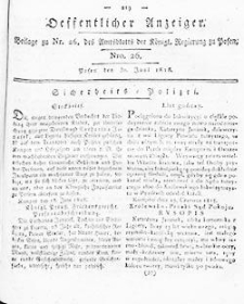 Ueberficht der im Amtsblatte der K&ouml;niglichen Regierung zu Posen von Nro. 1. (den 6. januar) bis incl. Nro. 26. (den 30. Juni) 1818 enthaltenen Berordnungen und Betanntmachungen