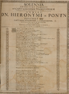 Solennia ingressus publici ad Capitaneatum Wschovensem [...] Hieronymi de Ponyn Poninsky capitanei VVschoven. [et] Copanicensis, die S. Luciae Sacro An. Ch. M DC LXXXVIII Splendidissime celebrantis, Schola ad Praesepe Christi Fraustadiensis hac pietate cultuque prosequitur