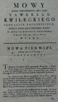 Mowy Jasnie Wielmoznego JMCi Pana Xawerego Kwileckiego chorążyca poznanskiego, posła Jego Krolewskiey Mosci na seymik do woiewództw wielkopolskich w Srzodzie Roku 1782. dnia 19. Sierpnia miane