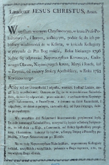 [Obwieszczenie o koronacji cudownego obrazu św. Rodziny w kolegiacie pw. Wniebowzięcia NMP w Kaliszu]