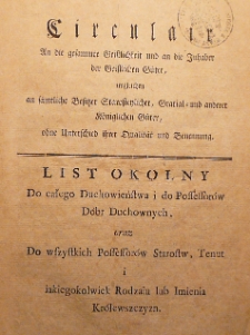 Circulair an die gesammte G&uuml;ter, imgleichen G&uuml;ter, imgleichen an s&auml;mtliche Besitzer Starostenlicher, gratial - und anderer K&ouml;niglichen G&uuml;ter, ohne Unterschied ihrer Qualit&auml;t und Benennung