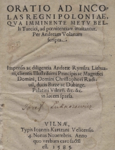 Oratio ad incolas Regni Poloniae, qva imminente metv belli Turcici, ad poenitentiam inuitantur