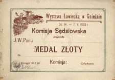 Wystawa łowiecka w Gnieźnie 24. IV. - 7. V. 1933 r. - Dyplom