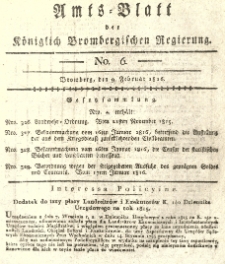 Amts-Blatt der K&ouml;niglich Brombergischen Regierung. 1816.02.09 No.6