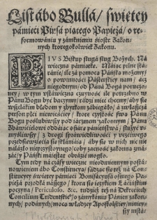 List abo bulla swiętey pamięci Piusa piątego papieża o reformowaniu y zamknieniu siostr zakonnych któregokolwiek zakonu 246