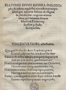 Platonis divini revera philosophi Academicaeq[ue] sectae oim iudicio principis Dialogus adprime festius [et] elegans de philosophia atq[ue] eius amatoribus, que[m] latinitate donavit Marsilius Ficinus nup[er] seorsum r[er] studio sis impressus