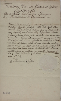 Teodor Czartoryski biskup poznański zezwala Kongregacji Oratorium św. Filipa Neri w Gostyniu na przelanie wot i użycie materiału na inne cele tegoż kościoła