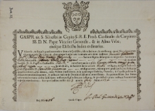 Dokument autentyczności relikwii św. męczennik&oacute;w Krascencji, Fidelisa, Justyna i Kasjana przekazanych ks. Stanisławowi Grudowiczowi do kościoła Kongregacji Oratorium św. Filipa Neri w Gostyniu