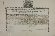 Dokument autentyczności relikwii św. męczennik&oacute;w Walentego, Krescencji, Konkordii, Amoniusza i Pauliny przekazanych Zofii Opalińskiej