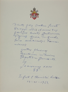Dokument z błogosławieństwem Jana XXIII dla Kongregacji Oratorium św. Filipa Neri w Gostyniu z własnoręcznym podpisem