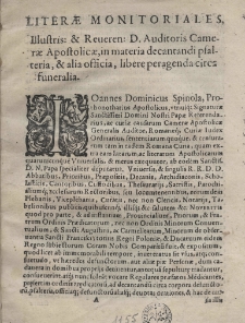 Literae monitoriales Illustris: et Reveren: D. Auditoris Camerae Apostolicae, in materia decantandi psalteria, et alia officia, libere peragenda circa funeralia