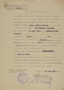 Zezwolenie na przewóz zwłok śp. Stanisława Szczanieckiego z 28.VII.1939