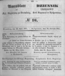 Amtsblatt der K&ouml;niglichen Preussischen Regierung zu Bromberg. 1851.04.18 No.16