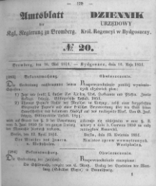 Amtsblatt der K&ouml;niglichen Preussischen Regierung zu Bromberg. 1851.05.16 No.20