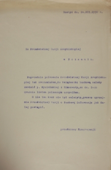 List przełożonego Kongregacji Ojca Władysława Służałka do Kurii Arcybiskupiej w Poznaniu z 24.XII.1930