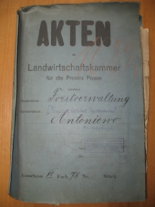Zespół: Wielkopolska Izba Rolnicza w Poznaniu, sygn. 112; tytuł jednostki: Akta Landwirtschaftkammer für die Provinz Posen Forstverwaltung Antoniewo [Akta Krajowej Izby Rolniczej dla Prowincji Poznańskiej dotyczące administracji (zarządu) lasów w Antoniewie]