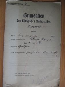 Zesp&oacute;ł: Sąd w Wągrowcu, sygn. brak (akta jeszcze nie zinwentaryzowane). Akta Gruntowe Sądu Kr&oacute;lewskiego w Wągrowcu dotyczące w pow. wągrowieckim położonego w księdze gruntowej Glinno dobra rycerskie Tom I Karta 3 odnotowanego kawałka gruntu