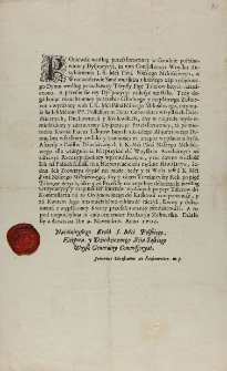 Rozporządzenie Johanna Christiana Kiesenwettera, komisarza wojsk saskich o poborze podatk&oacute;w na żołnierzy z woj. sandomierskiego z 9.11.1706