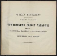 Wykaz młodzieży wspieran&eacute;j w latach od 1 Stycznia 1886 roku do końca Grudnia 1890 roku przez Towarzystwo Pomocy Naukow&eacute;j imienia Karola Marcinkowskiego dla młodzieży Wielkiego Księstwa Poznańskiego.