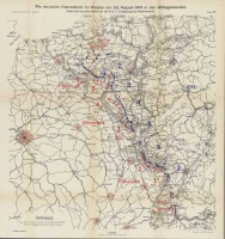 Die Grenzschlachten im Westen: mit vielen Skizzen im Text und zw&ouml;lf Karten. Die deutsche Heeresfront im Westen am 22 August 1914 in den Mittagsstunden (nach den bis zum Abend bei der O.H.L eigegangenen Nachrichten) Bd.1 Karte 5