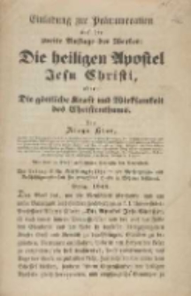 Einladung zur Pr&auml;numeration auf die zweite Auflage des Werkes: Die heiligen Apostel Jesu Christi, oder: Die g&ouml;ttliche Kraft und Wirksamkeit des Christenthums. Von Alons Klar