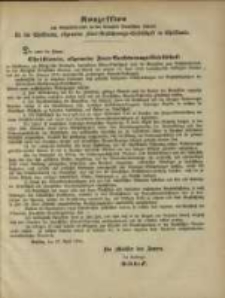 Konzession zum Gesch&auml;ftsbetriebe in den K&ouml;niglich Preu&szlig;ischen Staaten f&uuml;r die Christiania, allgemeine Feuer-Versicherungs-Gesellschaft in Christiania.