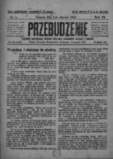 Przebudzenie: tygodnik poświęcony obronie interesów robotników rolnych i leśnych. Organ Związku Robotników Rolnych i Leśnych ZZP. 1925.01.08 R.7 Nr1
