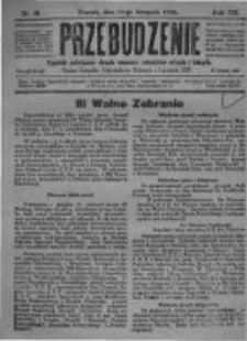 Przebudzenie: tygodnik poświęcony obronie interesów robotników rolnych i leśnych. Organ Związku Robotników Rolnych i Leśnych ZZP. 1926.11.11 R.8 Nr45