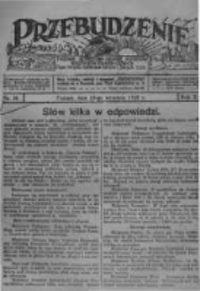 Przebudzenie: tygodnik poświęcony obronie interes&oacute;w robotnik&oacute;w rolnych i leśnych. Organ Związku Robotnik&oacute;w Rolnych i Leśnych ZZP. 1928.09.20 R.10 Nr38