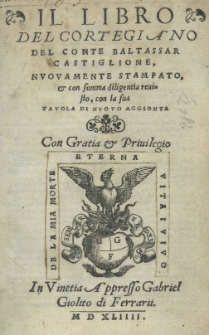 Il libro del cortegiano del conte Baltassar Castiglione, novamento stampato, et con somma diligentia revisto, con la sua tavola di nuovo aggionta