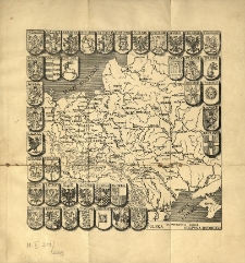 Mapa Polski około 1580 roku za panowania króla Stefana Batoregoozdobiona 39-ciu herbami województw i ziem polsko-litewskich