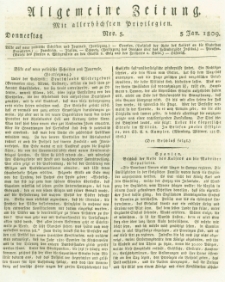 Allgemeine Zeitung: mit allerhöchsten Privilegien. 1809.01.05 Nro.5