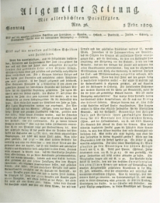Allgemeine Zeitung: mit allerh&ouml;chsten Privilegien. 1809.02.05 Nro.36