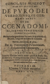 Conciones aliquot [...] De puro Dei verbo, eiusque germano sensu et de coena Domini, sub una panis specie communicanda [...] conscriptae et aeditae per Hieronymum Povodovium [...]