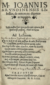 [...] Joannis Arundinensis Libellus de natura ac dignitate hominis [...]