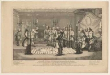 Assembl&eacute;e de Francs-Ma&ccedil;ons pour la Reception des Maitres: Le Second Surveillant fait le signe de Maitre et va chercher le Recipiendaire, qui est pour lors en dehors de la Loge avec le Frere Terrible...