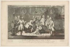 Assembl&eacute;e de Francs-Ma&ccedil;ons pour la reception des Maitres: Le Grand Maitre releve le Recipiendaire en lui donnant l'atouchement, l'acollade et en lui disant le mot du Maitre