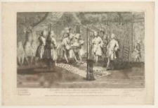 Assembl&eacute;e de Francs-Ma&ccedil;ons pour la Reception des Maitres: On couche le Recipiendaire sur le Cercueil dessin&eacute; dans la Loge