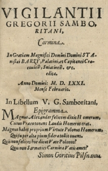 Carmina in gratiam [...] Stanislai Barzy Palatini [...] Cracovien[sis] [...] edita